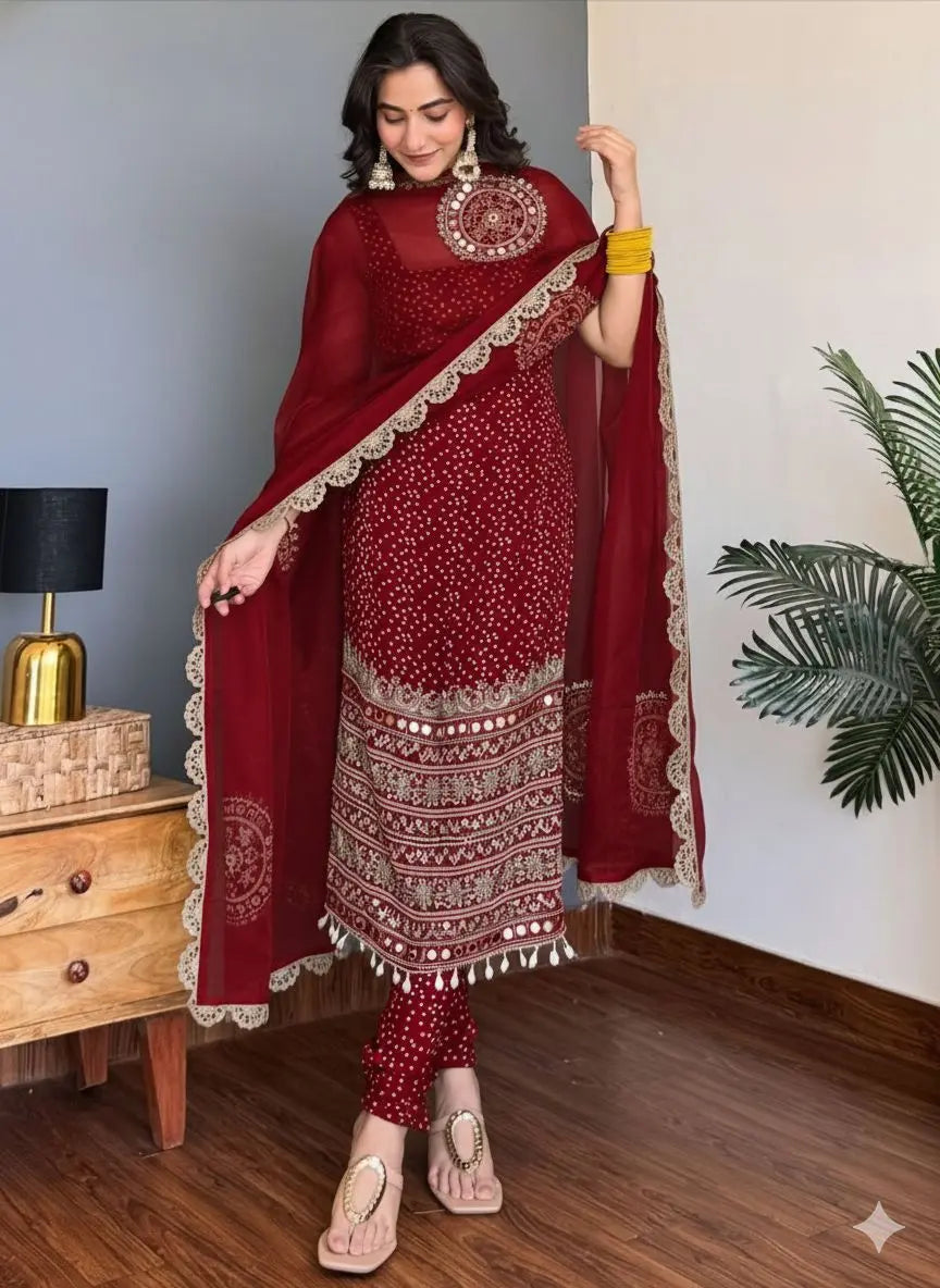 Faux Georgette Real Moti Mirror Work Bandhani Print Kurti Pant Dupatta Set (Ready to Wear) Ethenika.com