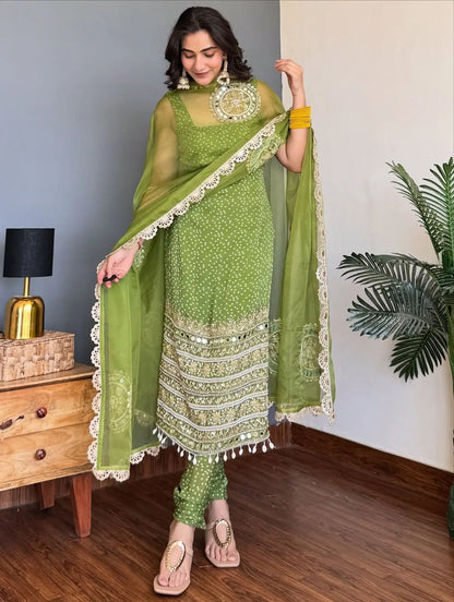 Faux Georgette Real Moti Mirror Work Bandhani Print Kurti Pant Dupatta Set (Ready to Wear) Ethenika.com