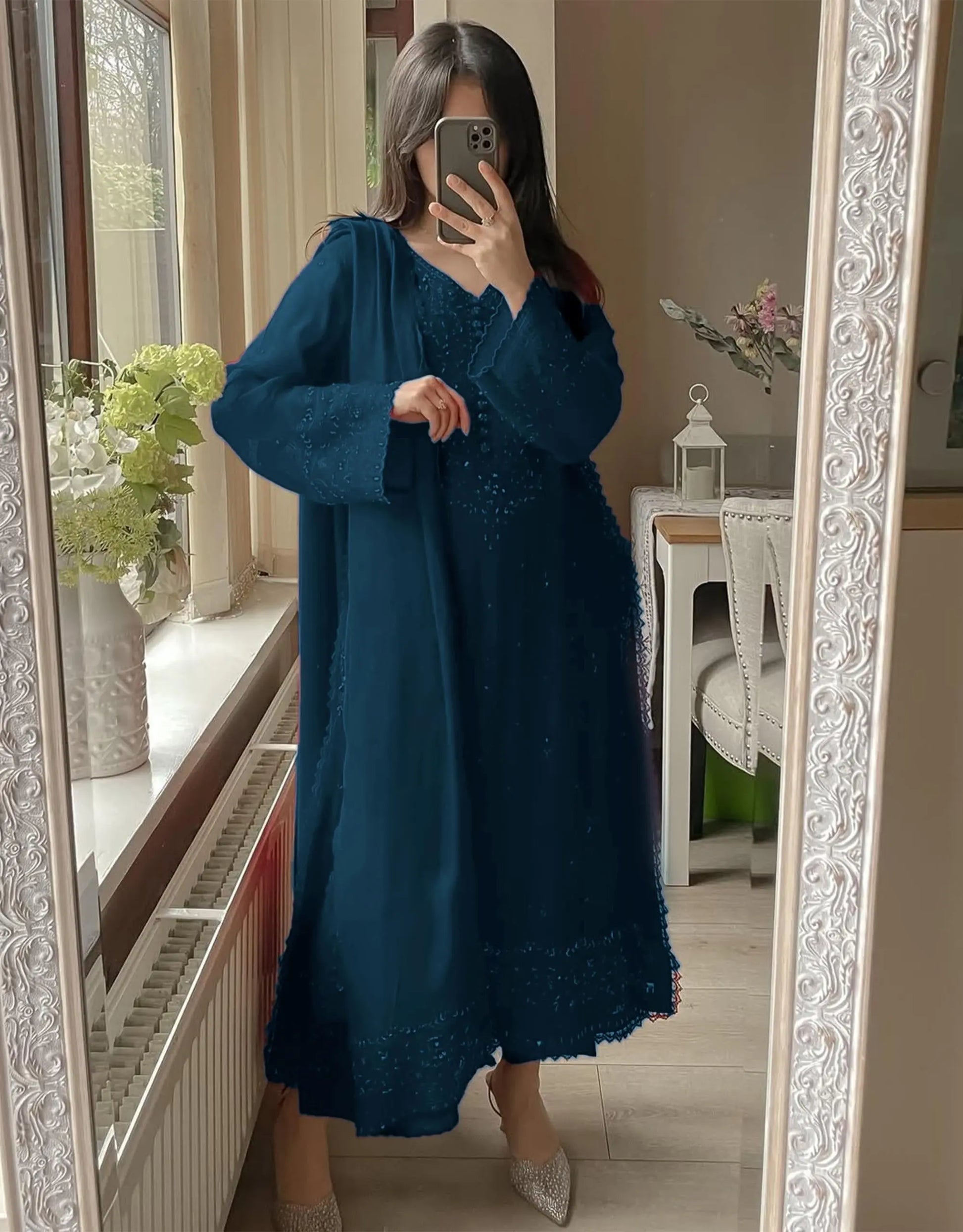 Faux Georgette Sequence Embroidery Work Designer Kurti Palazzo Dupatta Set (Ready to Wear) Ethenika.com