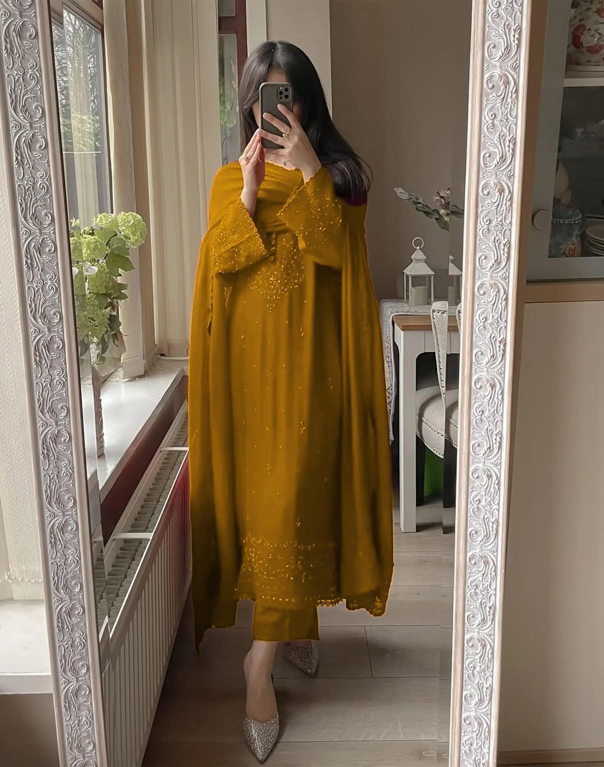 Faux Georgette Sequence Embroidery Work Designer Kurti Palazzo Dupatta Set (Ready to Wear) Ethenika.com