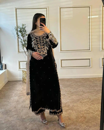 Faux Georgette Sequence Embroidery Work Designer Kurti Pant Dupatta Set Ethenika.com