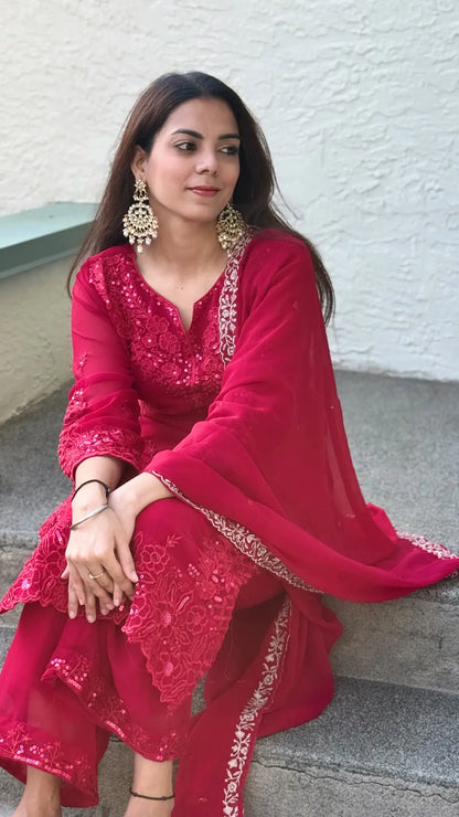 Faux Georgette Sequence Embroidery Work Designer Kurti Pant Dupatta Set (Ready to Wear) Ethenika.com