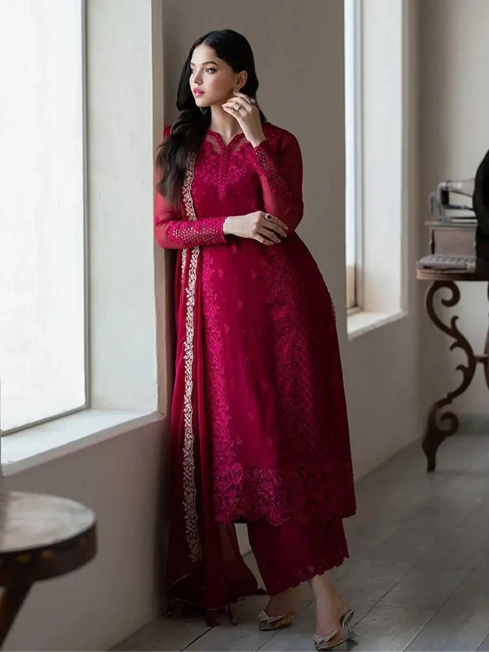Faux Georgette Sequence Embroidery Work Designer Party Wear Kurti Pant Dupatta Set (Ready to Wear) Ethenika.com