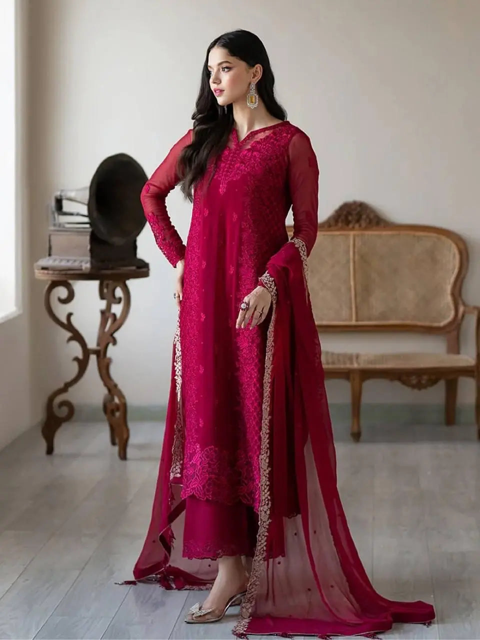 Faux Georgette Sequence Embroidery Work Designer Party Wear Kurti Pant Dupatta Set (Ready to Wear) Ethenika.com