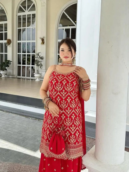 Faux Georgette Sequence Embroidery Work Sleeveless Kurti Sharara Dupatta with Bag Set(Ready to Wear) Ethenika.com