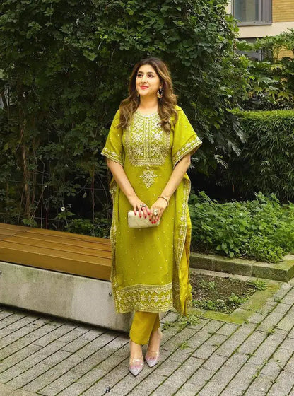 Faux Georgette Zari Embroidery Work Designer Kurti Pant Dupatta Set (Ready to Wear) Ethenika.com