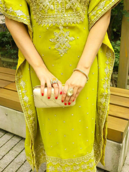 Faux Georgette Zari Embroidery Work Designer Kurti Pant Dupatta Set (Ready to Wear) Ethenika.com