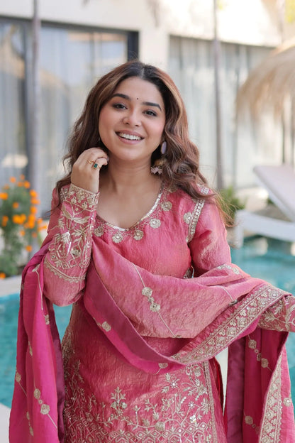 Fendi Silk Crush Sequence Embroidery Work Designer Kurti Sharara Dupatta Set Ethenika.com