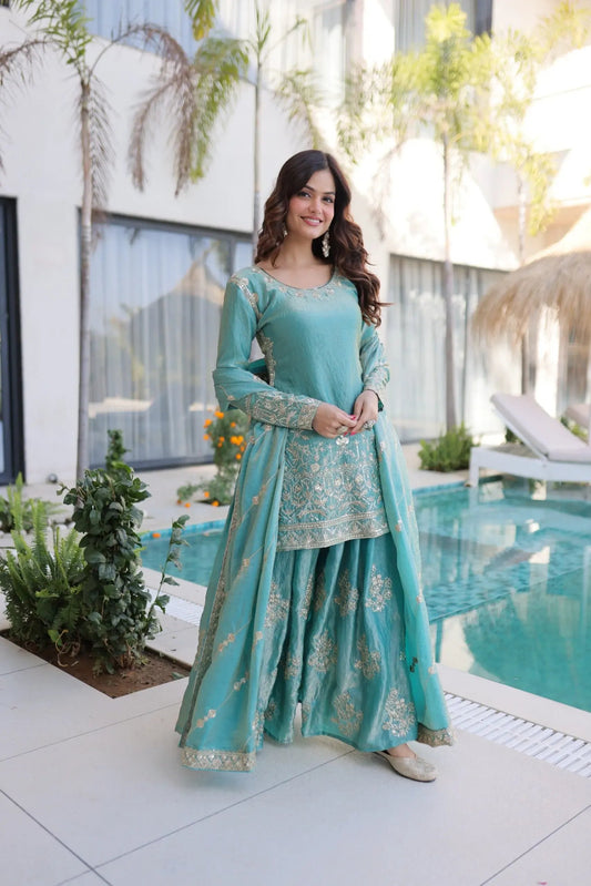 Fendi Silk Crush Sequence Embroidery Work Designer Kurti Sharara Dupatta Set Ethenika.com