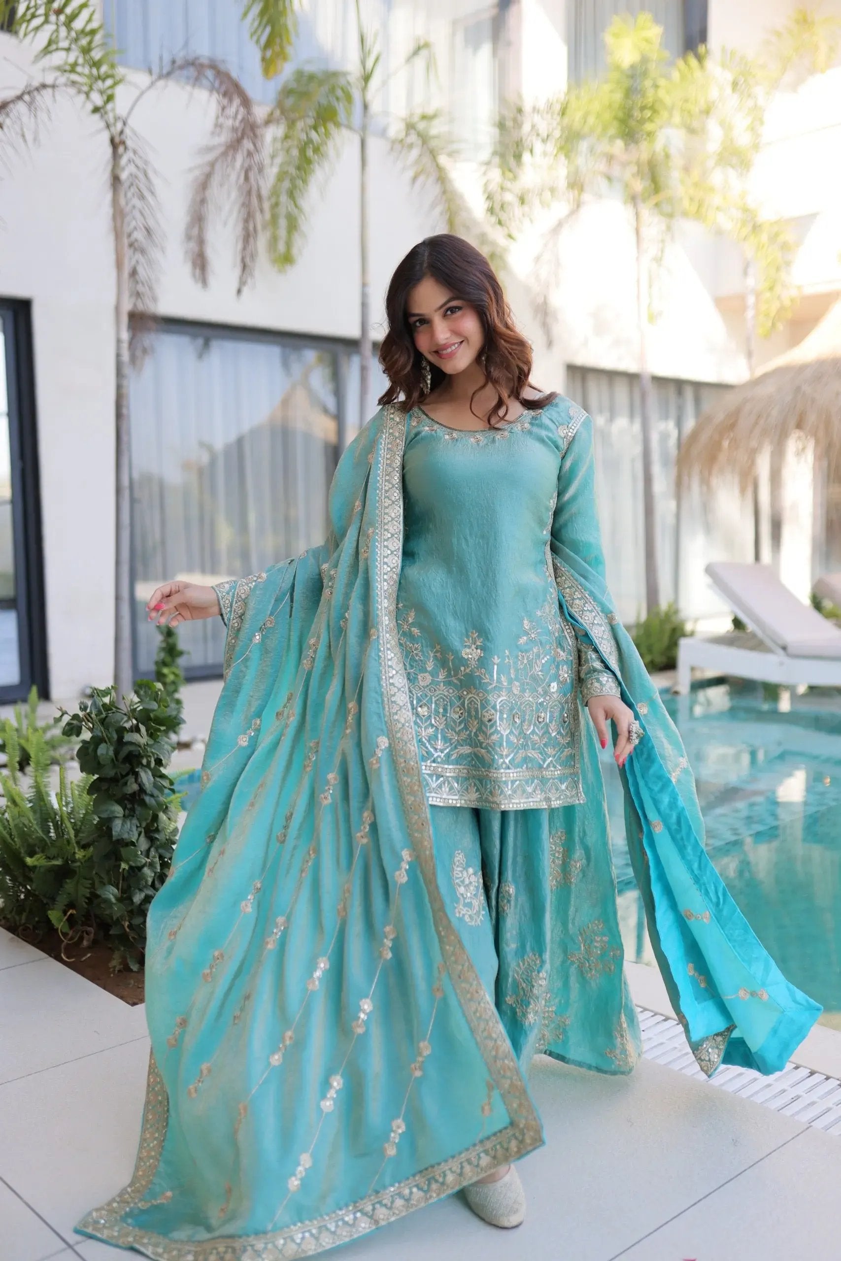 Fendi Silk Crush Sequence Embroidery Work Designer Kurti Sharara Dupatta Set Ethenika.com