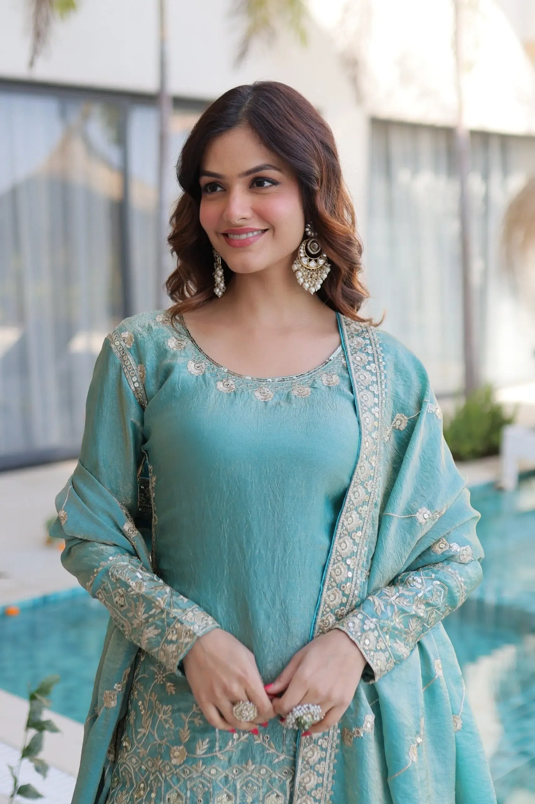 Fendi Silk Crush Sequence Embroidery Work Designer Kurti Sharara Dupatta Set Ethenika.com