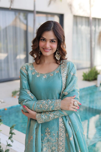 Fendi Silk Crush Sequence Embroidery Work Designer Kurti Sharara Dupatta Set Ethenika.com