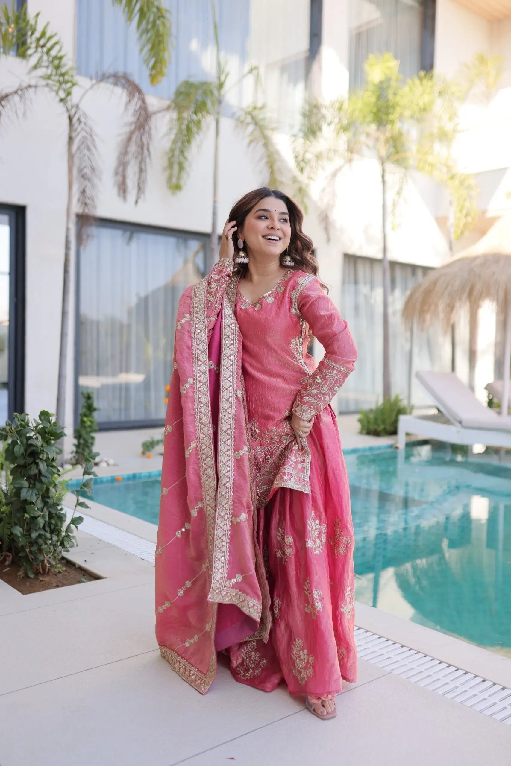 Fendi Silk Crush Sequence Embroidery Work Designer Kurti Sharara Dupatta Set Ethenika.com
