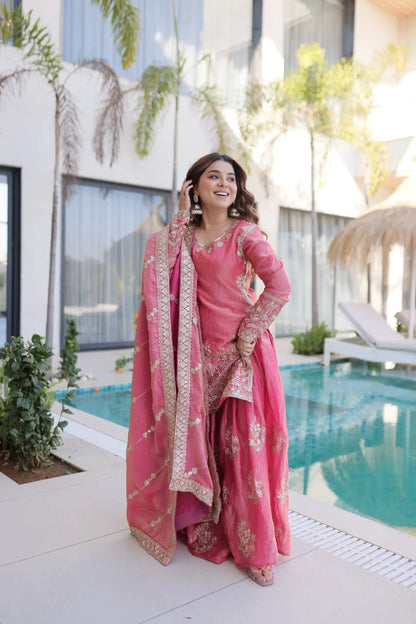 Fendi Silk Crush Sequence Embroidery Work Designer Kurti Sharara Dupatta Set Ethenika.com