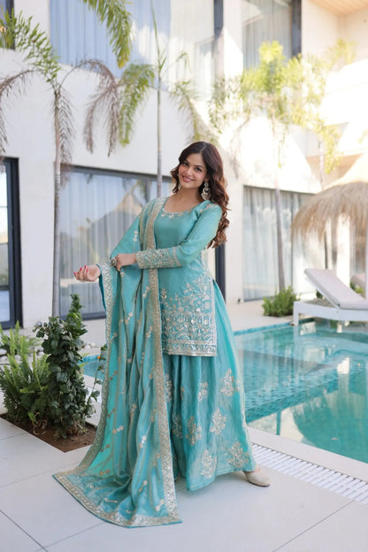 Fendi Silk Crush Sequence Embroidery Work Designer Kurti Sharara Dupatta Set Ethenika.com
