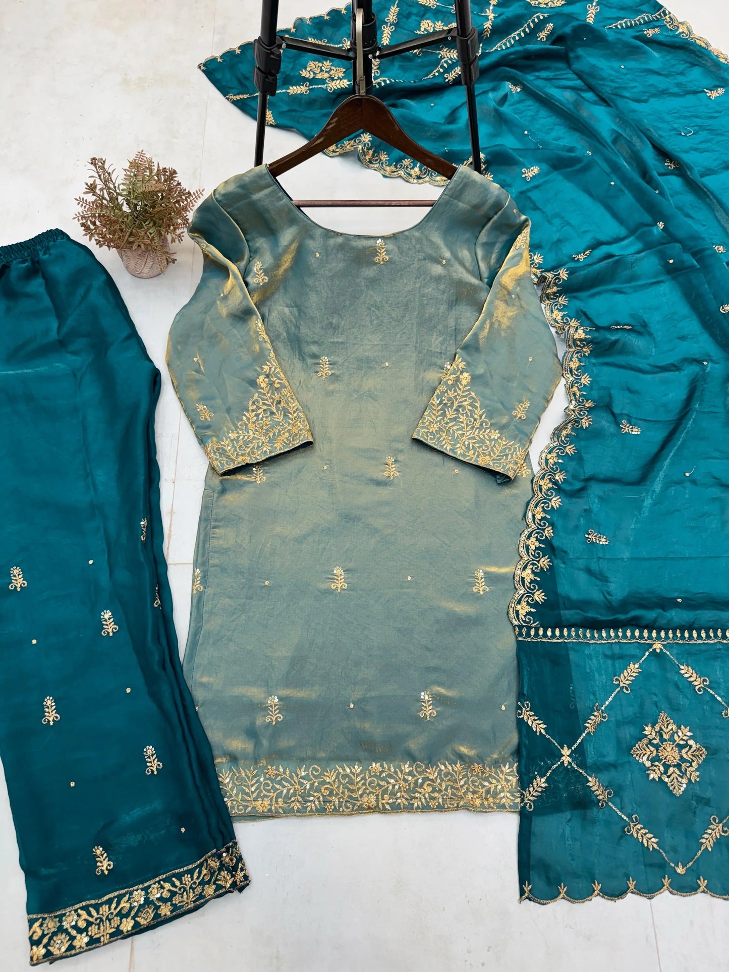 Fendi Silk Fabric Golden Hand Thread Embroidery work Kurti Palazzo Dupatta Set (Stitched) - Premium  from Ethenika.com  - Just INR 2990! Shop now at Ethenika.com 