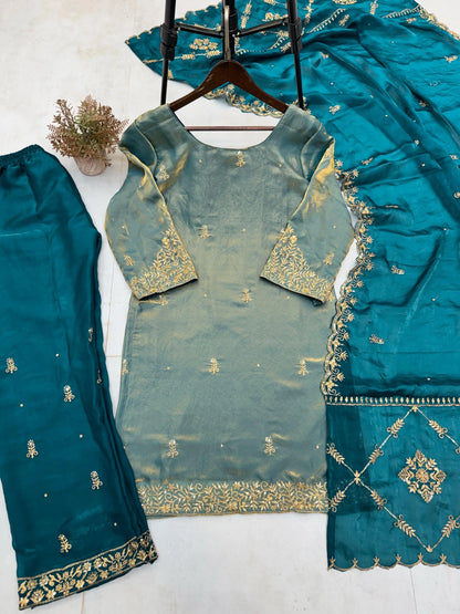 Fendi Silk Fabric Golden Hand Thread Embroidery work Kurti Palazzo Dupatta Set (Stitched) - Premium  from Ethenika.com  - Just INR 2990! Shop now at Ethenika.com 