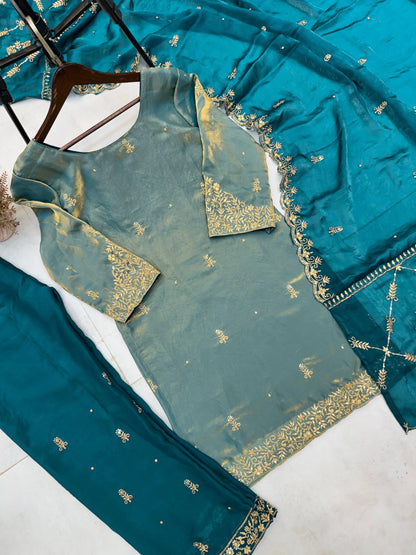 Fendi Silk Fabric Golden Hand Thread Embroidery work Kurti Palazzo Dupatta Set (Stitched) - Premium  from Ethenika.com  - Just INR 2990! Shop now at Ethenika.com 