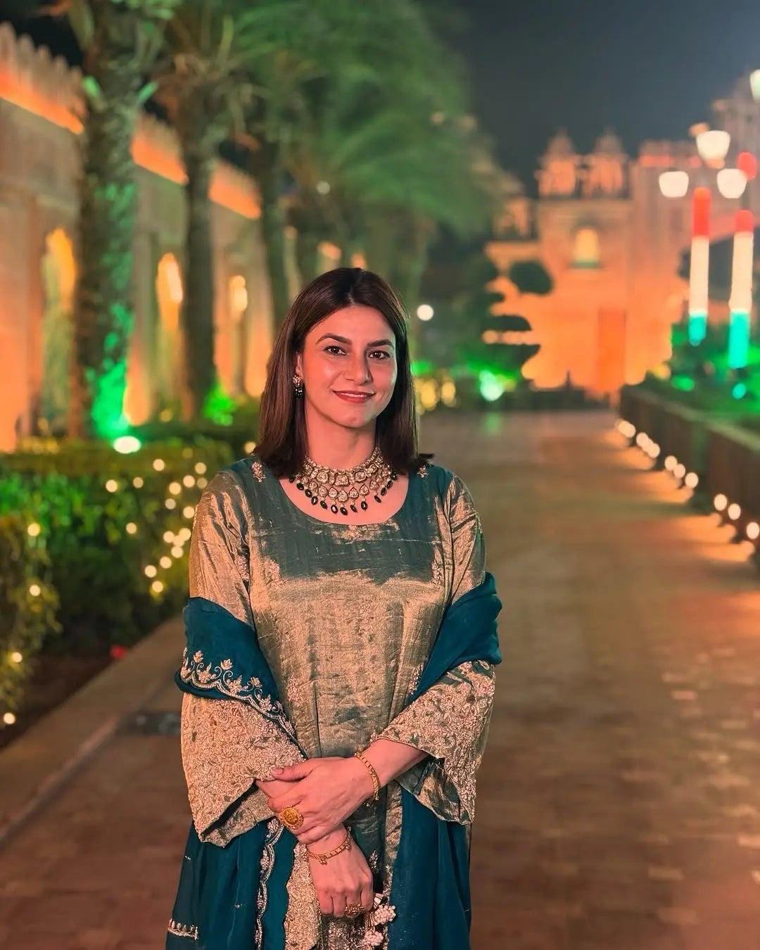 Fendi Silk Fabric Golden Hand Thread Embroidery work Kurti Palazzo Dupatta Set (Stitched) - Premium  from Ethenika.com  - Just INR 2990! Shop now at Ethenika.com 