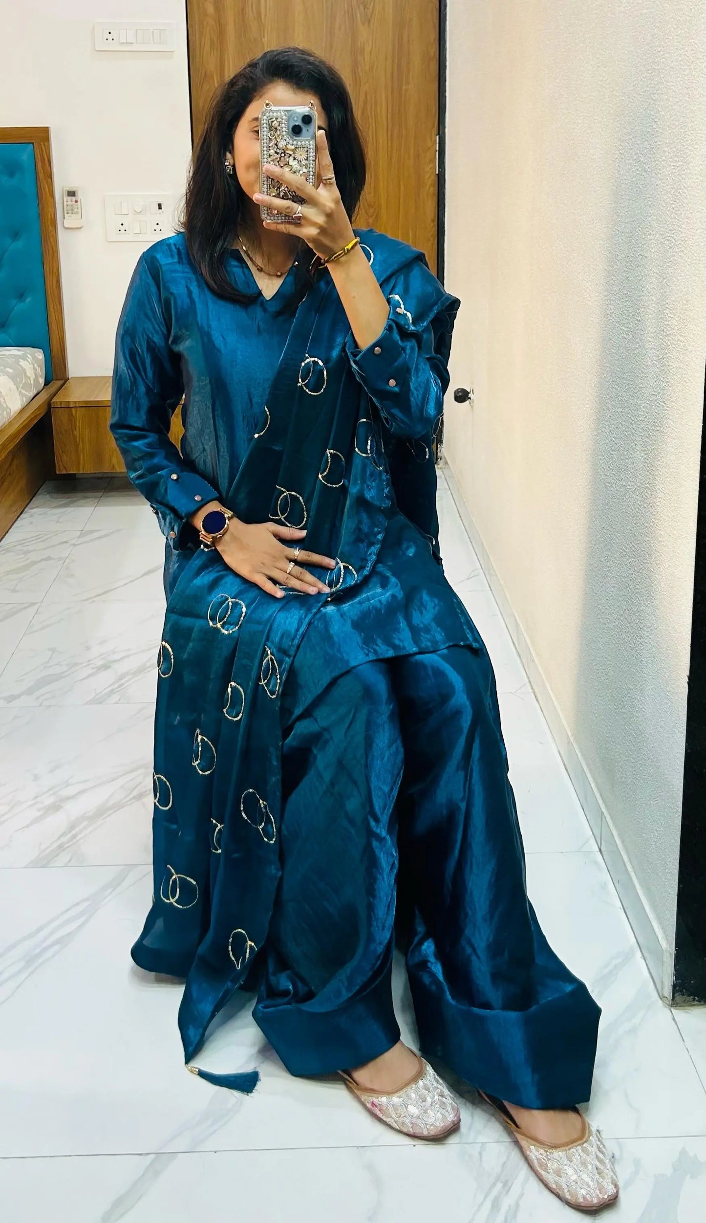 Fendi Silk Farsi Salwar designer Kurti Salwar Dupatta Set (Ready to Wear) Ethenika.com