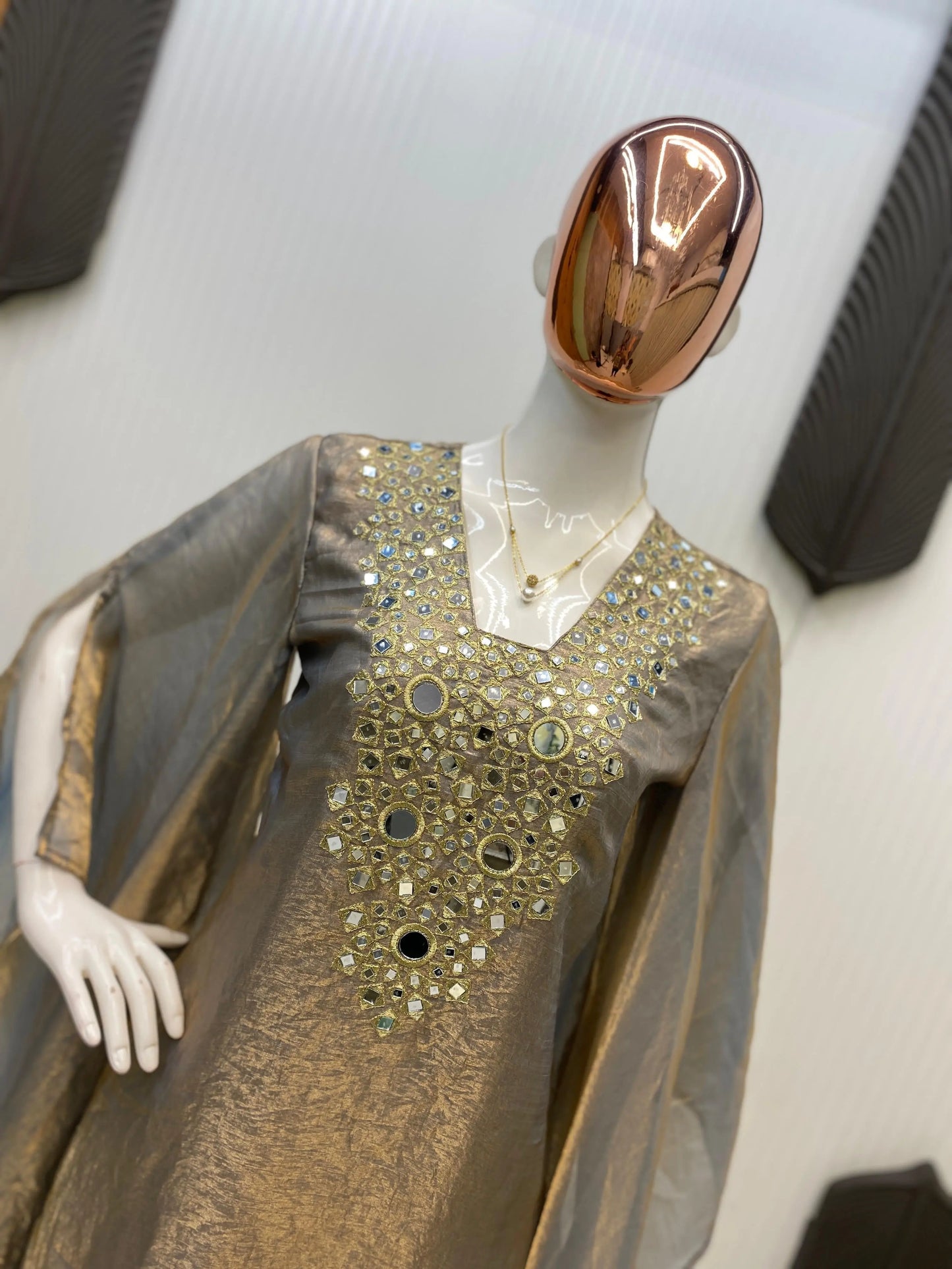 Fendi Silk Neck Read Mirror Work Embroidery DesignerKurti Palazzo Set (Ready to Wear) Ethenika.com