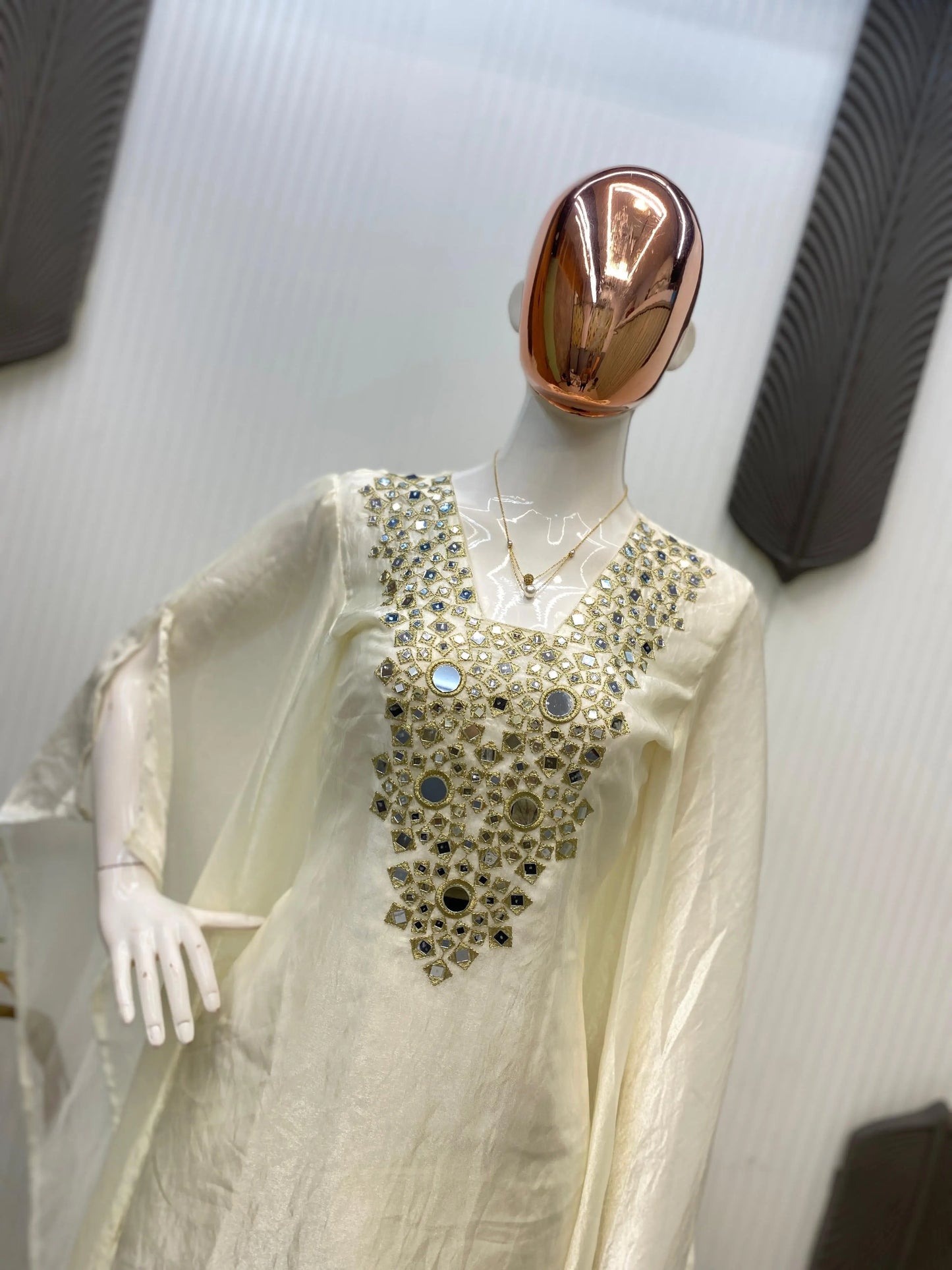 Fendi Silk Neck Read Mirror Work Embroidery DesignerKurti Palazzo Set (Ready to Wear) Ethenika.com