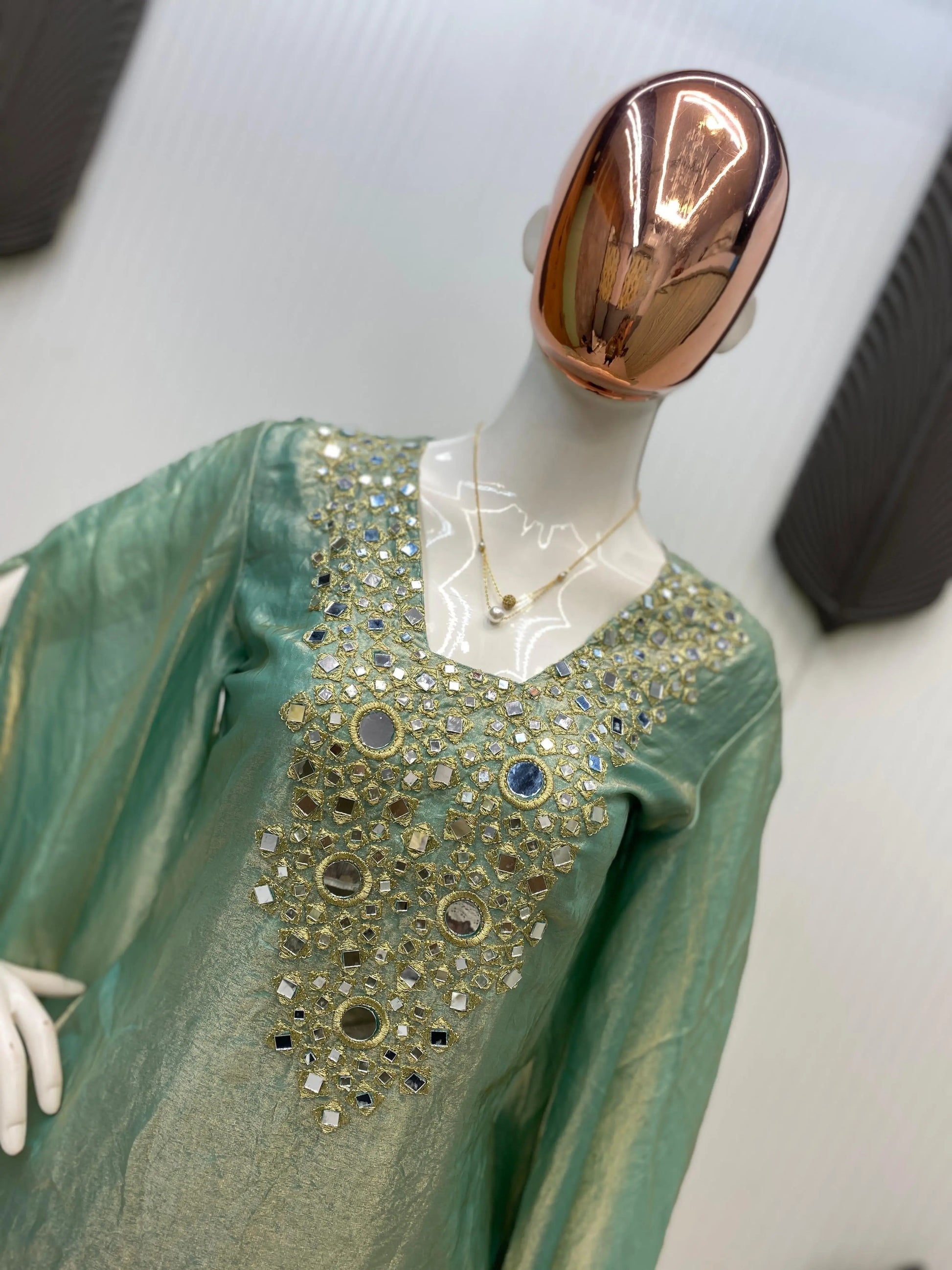 Fendi Silk Neck Read Mirror Work Embroidery DesignerKurti Palazzo Set (Ready to Wear) Ethenika.com