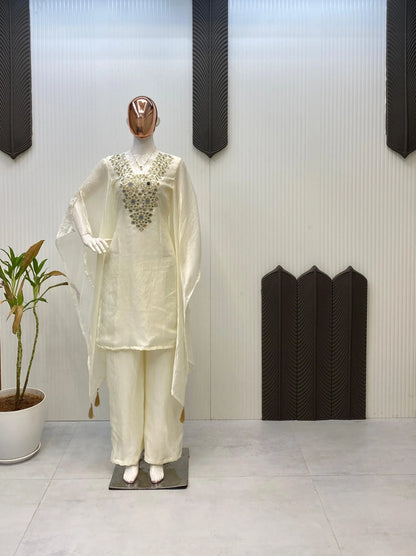 Fendi Silk Neck Read Mirror Work Embroidery DesignerKurti Palazzo Set (Ready to Wear) Ethenika.com