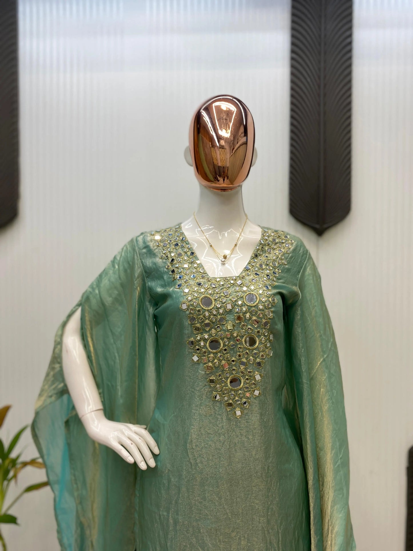 Fendi Silk Neck Read Mirror Work Embroidery DesignerKurti Palazzo Set (Ready to Wear) Ethenika.com