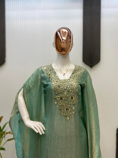 Fendi Silk Neck Read Mirror Work Embroidery DesignerKurti Palazzo Set (Ready to Wear) Ethenika.com