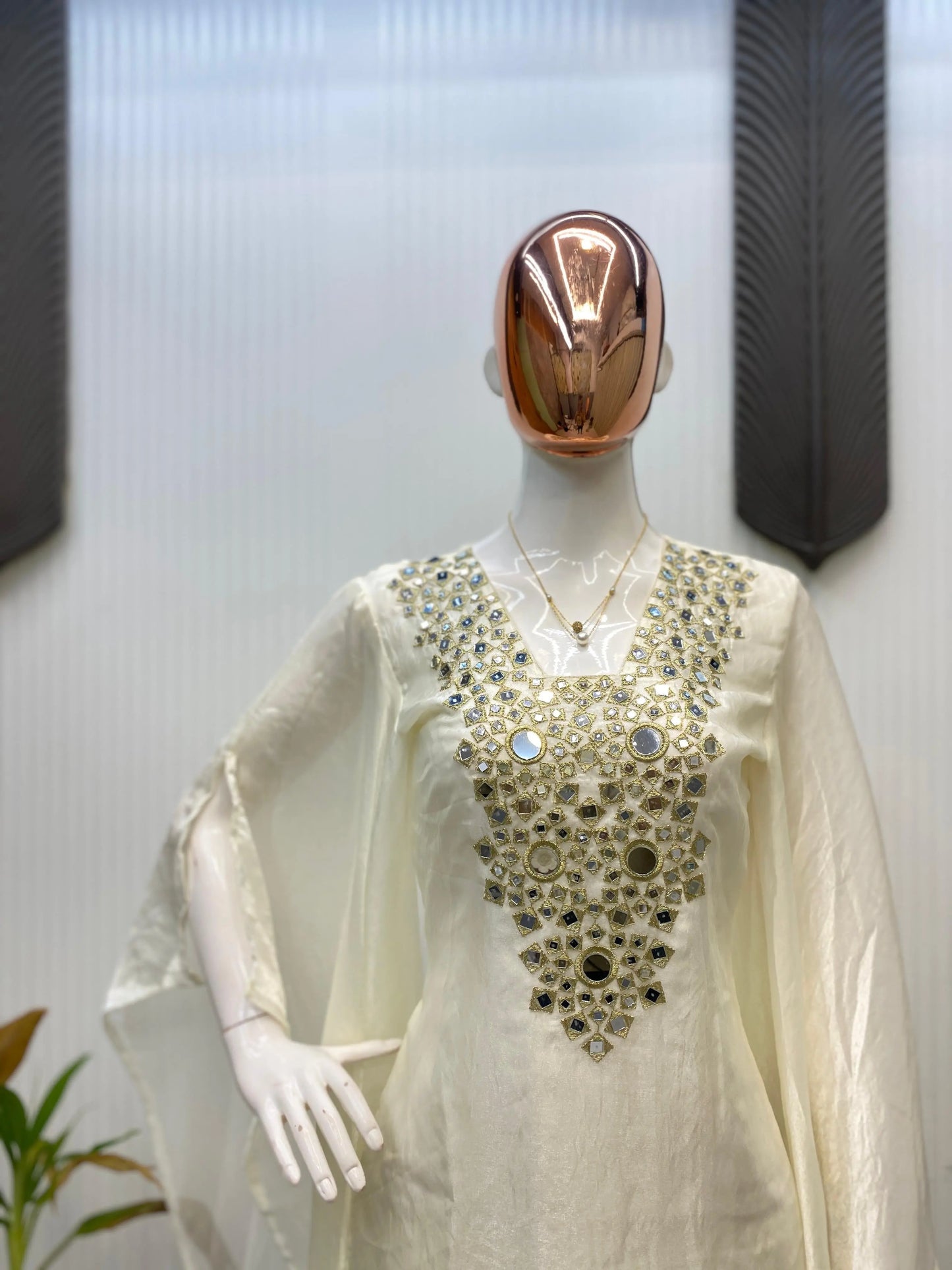 Fendi Silk Neck Read Mirror Work Embroidery DesignerKurti Palazzo Set (Ready to Wear) Ethenika.com