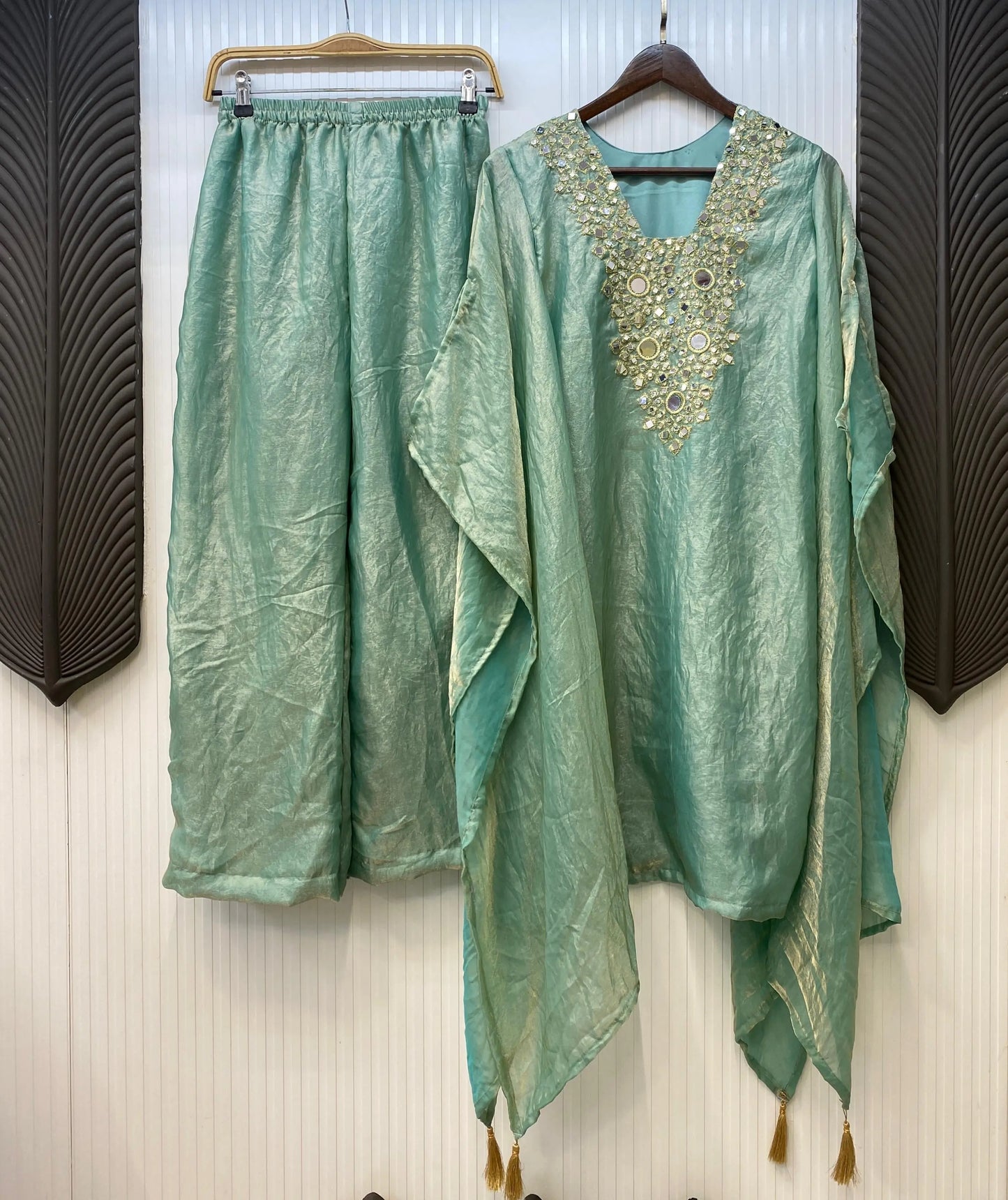 Fendi Silk Neck Read Mirror Work Embroidery DesignerKurti Palazzo Set (Ready to Wear) Ethenika.com