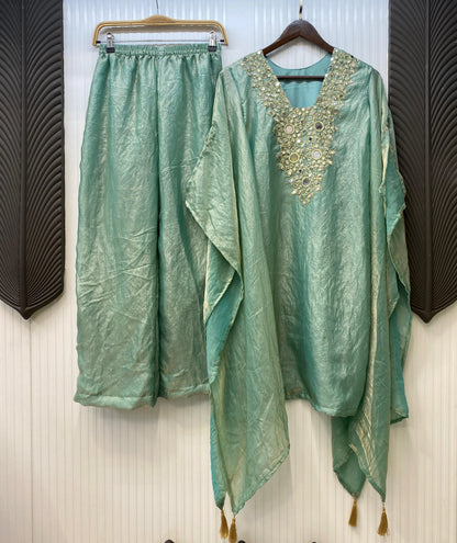 Fendi Silk Neck Read Mirror Work Embroidery DesignerKurti Palazzo Set (Ready to Wear) Ethenika.com