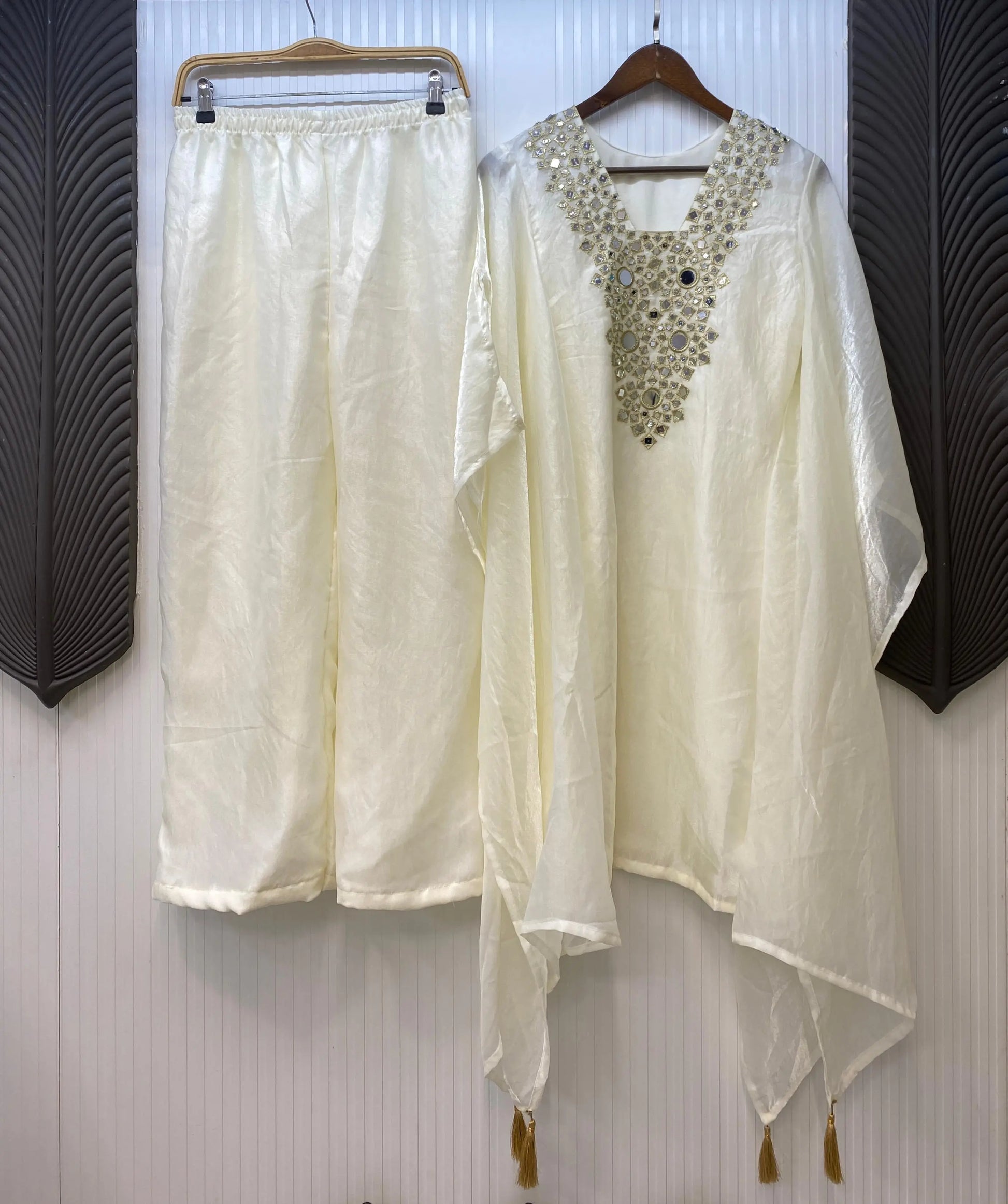 Fendi Silk Neck Read Mirror Work Embroidery DesignerKurti Palazzo Set (Ready to Wear) Ethenika.com