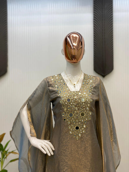 Fendi Silk Neck Read Mirror Work Embroidery DesignerKurti Palazzo Set (Ready to Wear) Ethenika.com