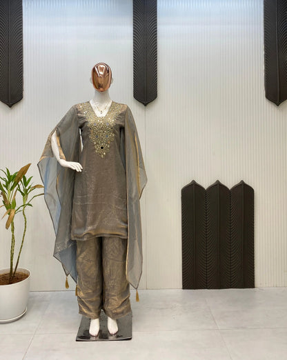 Fendi Silk Neck Read Mirror Work Embroidery DesignerKurti Palazzo Set (Ready to Wear) Ethenika.com