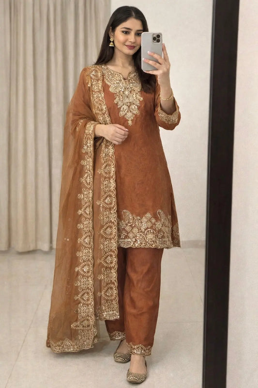 Fendy Silk Sequence Embroidery Work Knee Length Designer Kurti Pant Dupatta Set (Ready to Wear) Ethenika.com