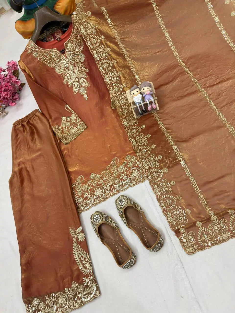 Fendy Silk Sequence Embroidery Work Knee Length Designer Kurti Pant Dupatta Set (Ready to Wear) Ethenika.com