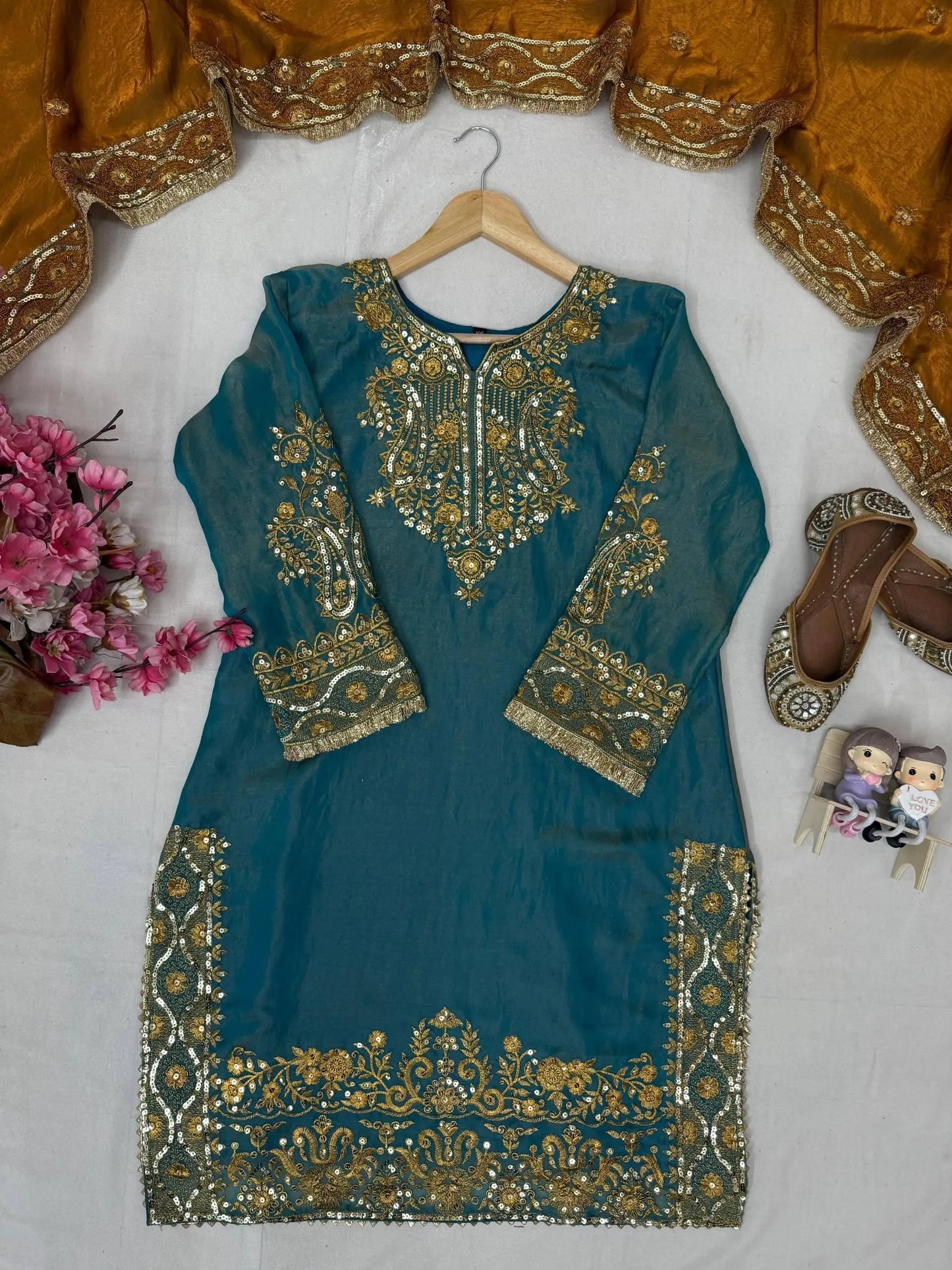 Fendy Silk Zari Embroidery Work Designer Party Wear 3 Pc Kurti Pant Dupatta Set (Ready to Wear) Ethenika.com