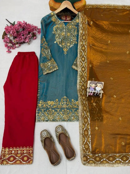 Fendy Silk Zari Embroidery Work Designer Party Wear 3 Pc Kurti Pant Dupatta Set (Ready to Wear) Ethenika.com