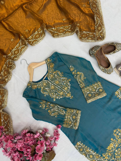 Fendy Silk Zari Embroidery Work Designer Party Wear 3 Pc Kurti Pant Dupatta Set (Ready to Wear) Ethenika.com