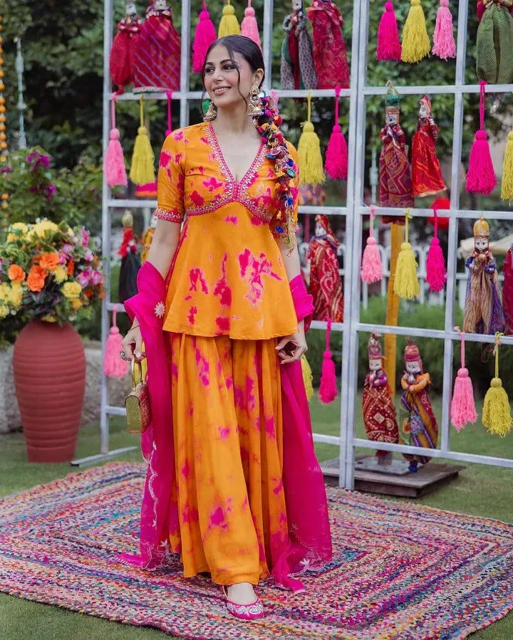 French Crepe Fabric Digital Print Work Flair Top 3Pc Kurti Pant Dupatta Set (Ready to Wear) Ethenika.com