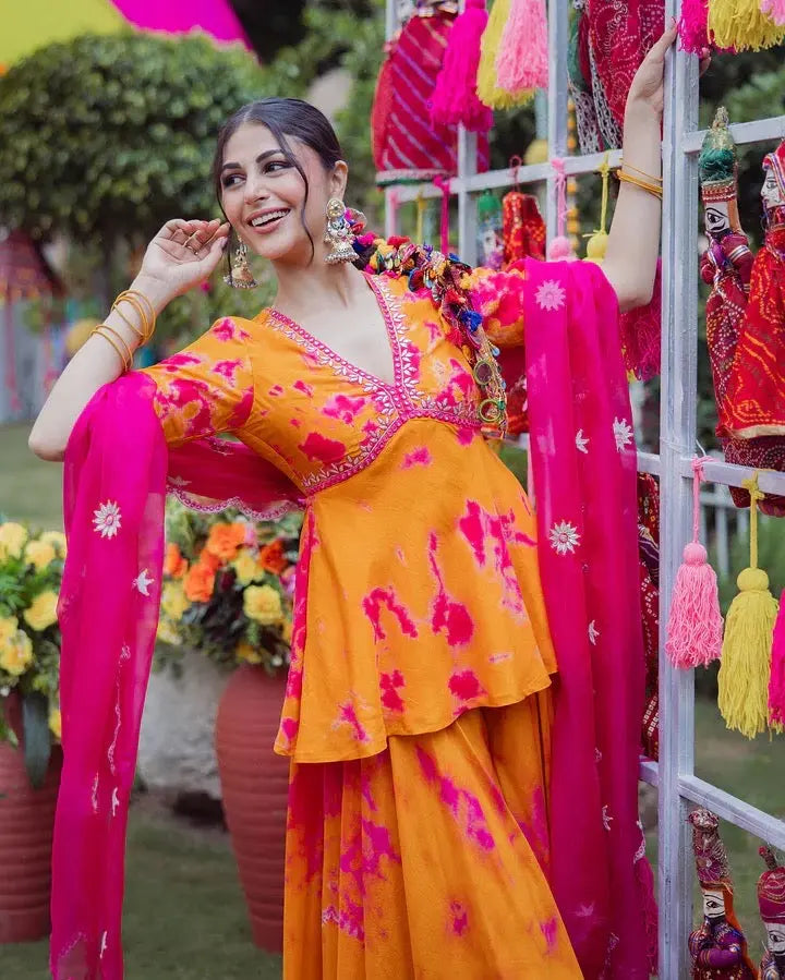 French Crepe Fabric Digital Print Work Flair Top 3Pc Kurti Pant Dupatta Set (Ready to Wear) Ethenika.com