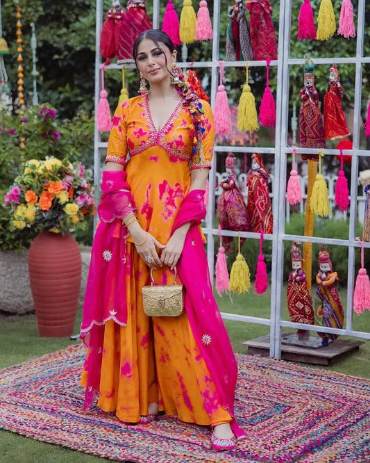 French Crepe Fabric Digital Print Work Flair Top 3Pc Kurti Pant Dupatta Set (Ready to Wear) Ethenika.com