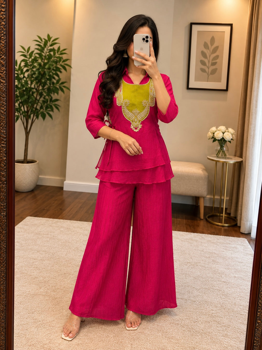 Crunchy Silk Ready Wear Kurti Palazzo Set