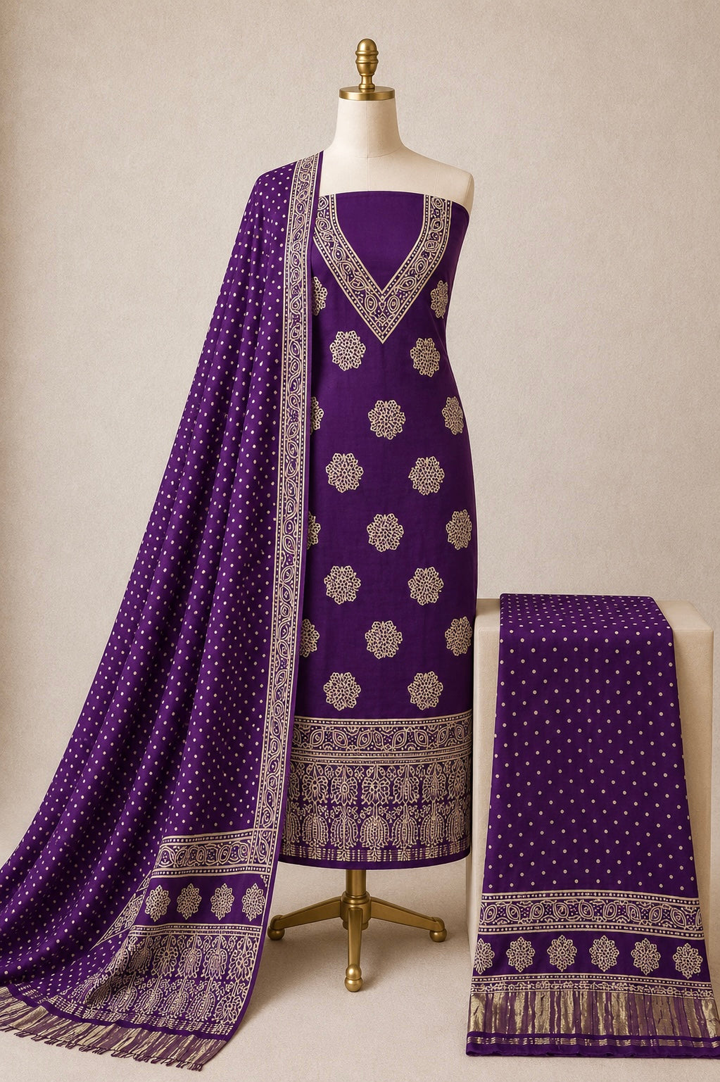 Fine Modal Silk Ajrakh Block Print Dress Material (Unstitched)