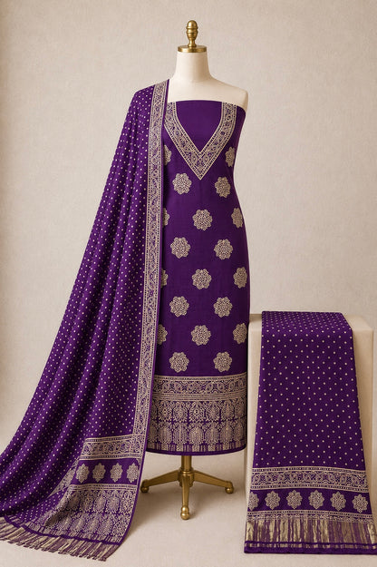 Fine Modal Silk Ajrakh Block Print Dress Material (Unstitched)