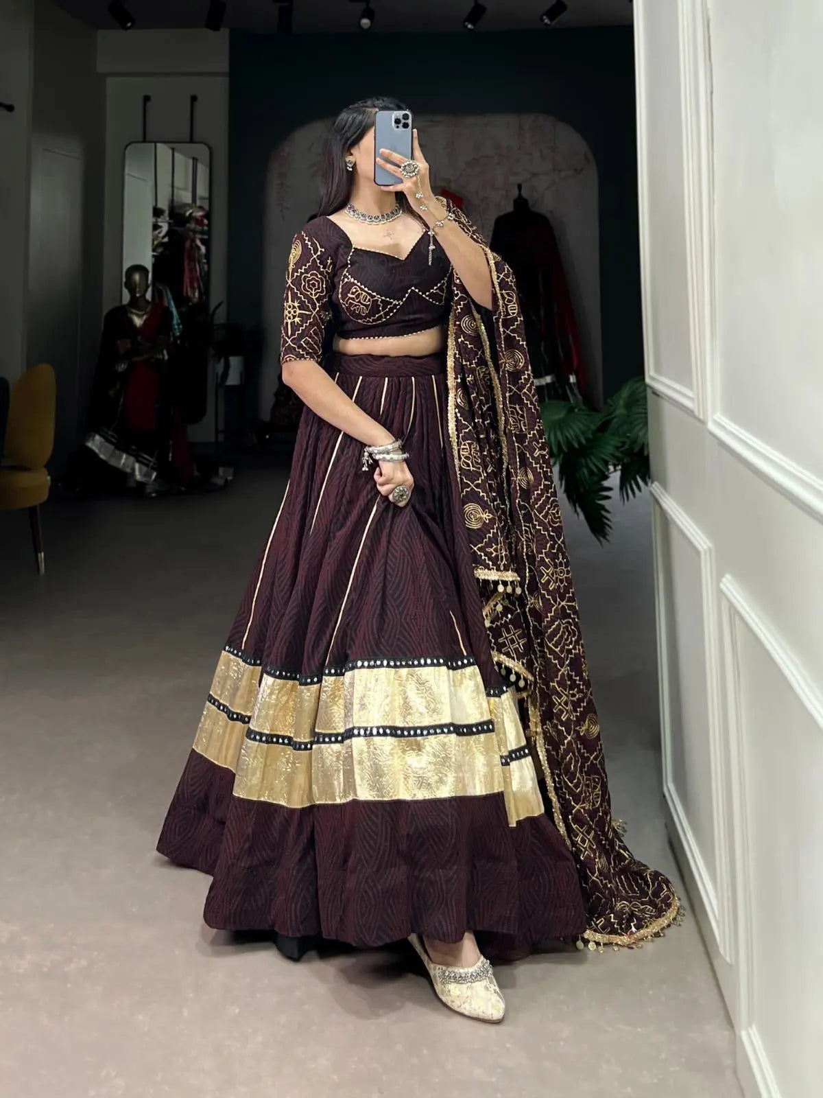 Georgette Bandhej Print with Embossed Print Mirror Work Designer Chaniya Choli (Ready to Wear)with Purse Ethenika.com