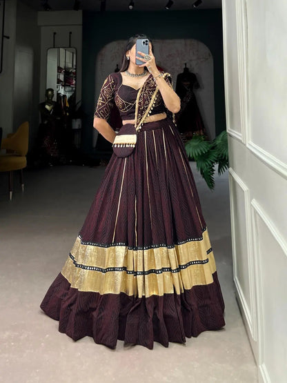 Georgette Bandhej Print with Embossed Print Mirror Work Designer Chaniya Choli (Ready to Wear)with Purse Ethenika.com