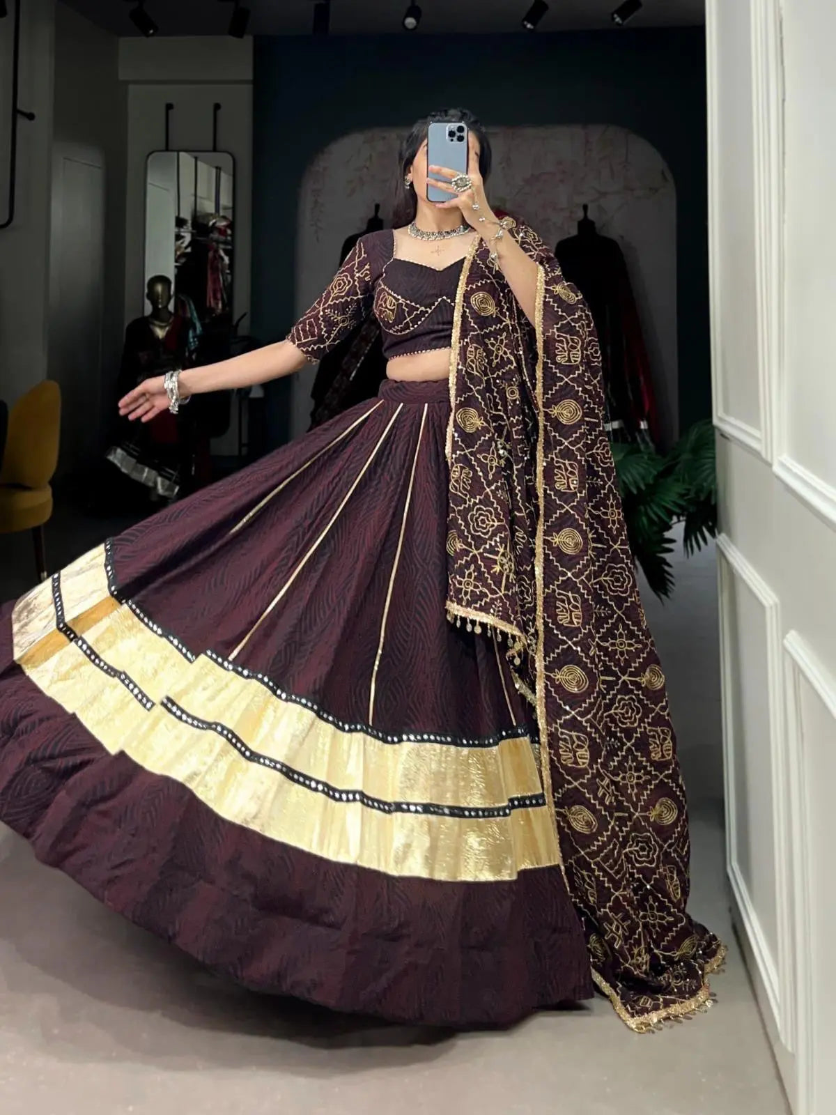 Georgette Bandhej Print with Embossed Print Mirror Work Designer Chaniya Choli (Ready to Wear)with Purse Ethenika.com